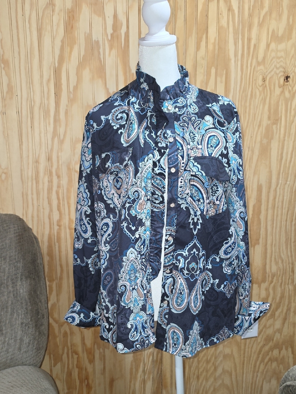 Paisley-Print Navy Button-Up Jacket